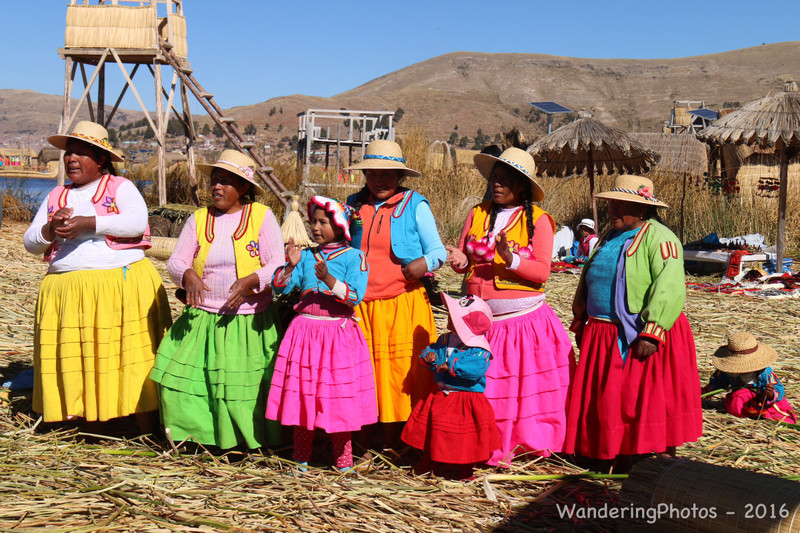 Colourful Uros ladies on the floating reed islands of Lake Titicaca