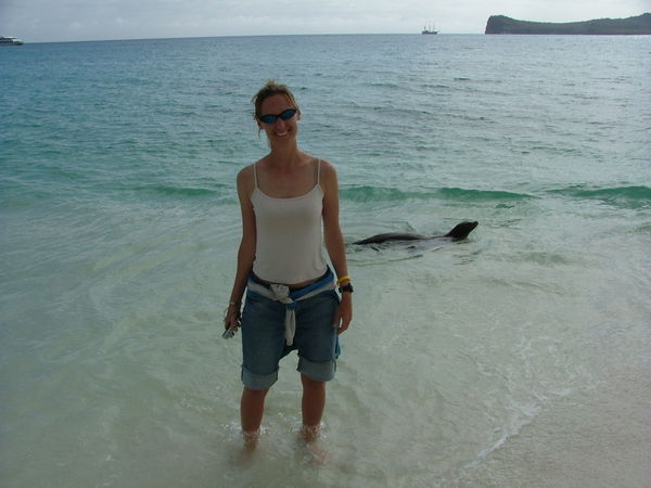 Wendy with sea lion in backdrop