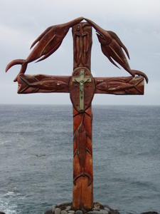 Carved cross overlooking the Pacific