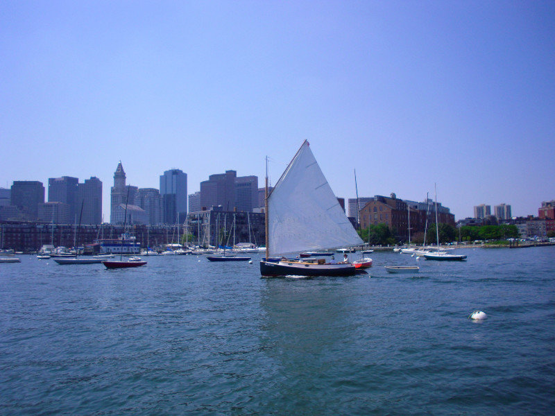Catboat Sailing Along the Boston Waterfront