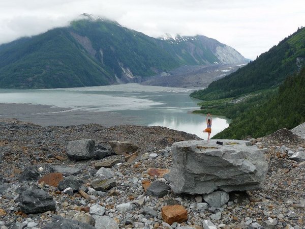 Yoga girl on Crillon Glacier, Lituya behind