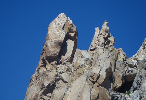 Climber above Refugio Frey