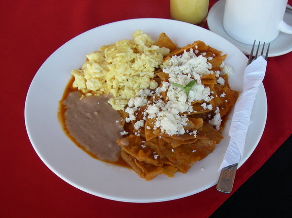 Chilaquiles, eggs and beans for breakfast