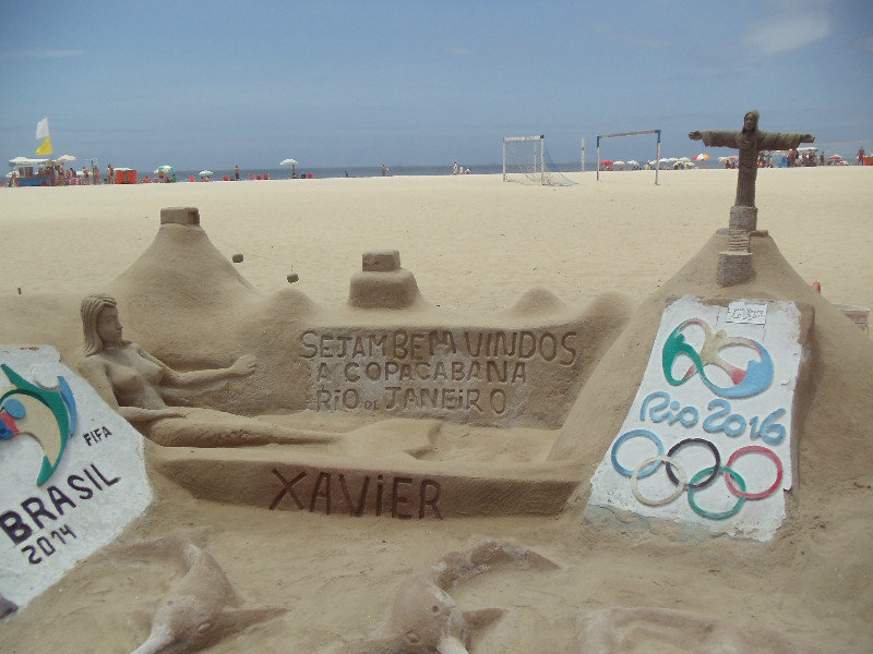 Beautiful sand sculptures on Copacabana Beach in Rio de Janeiro, Brazil