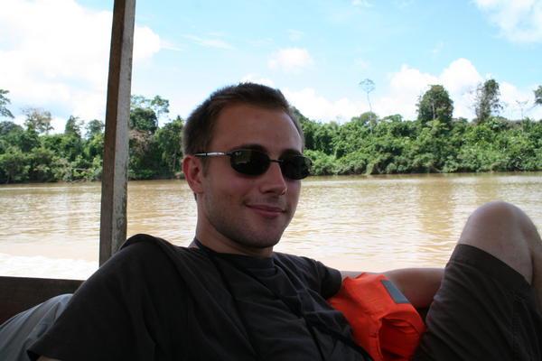 Dan in Boat on way to Nusa Camp