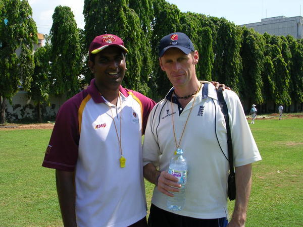 Harsha and Mike, junior cricket coaching clinic, Colombo