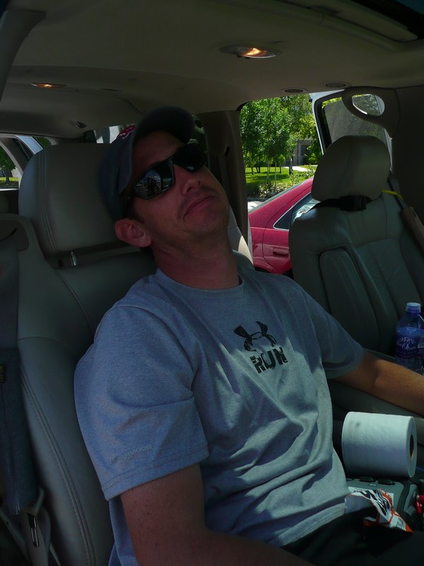 Mike asleep in the van