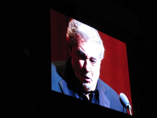 The big screen at the theatre with Placido Domindo.