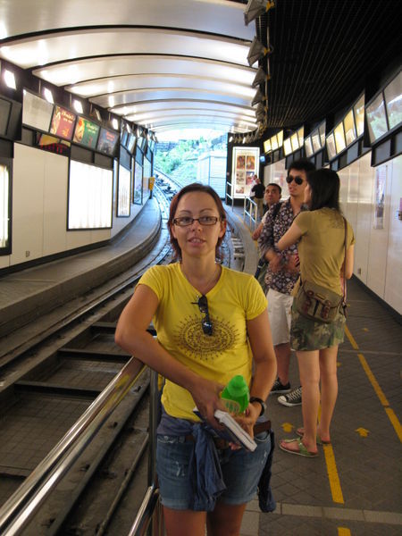 Siobhan waiting for the tram up to the Peak Tower