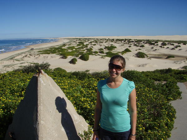 Mrs Deane and her shadow on the dunes