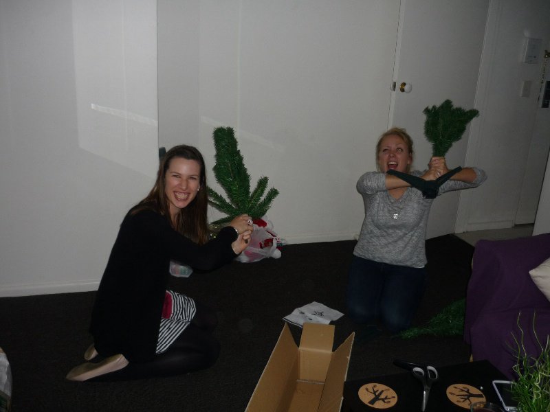 Emily and Flo assemble the Christmas tree