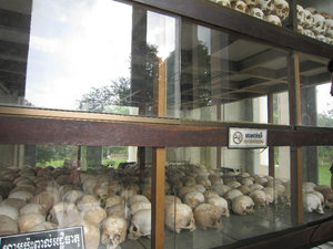 The skulls of victims kept in the memorial Stupa