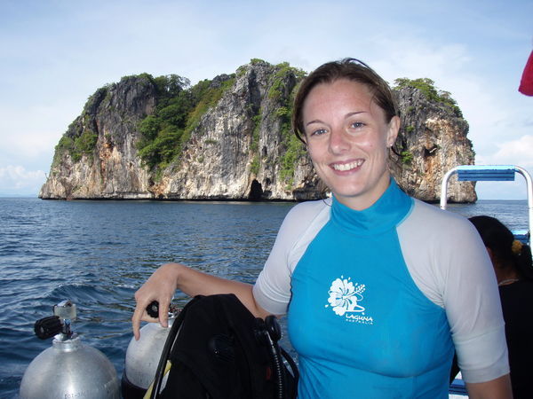 Saz on our dive boat with Ko Dok Mai backdrop, Phuket.