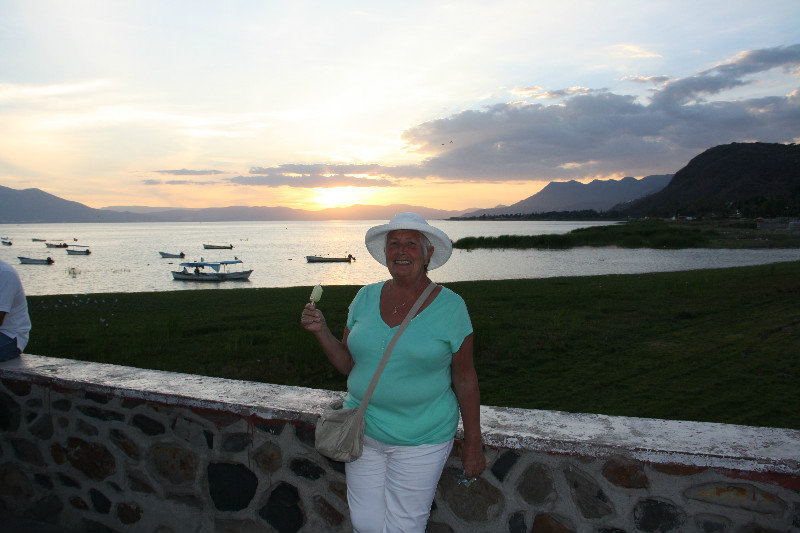 Carolyn by the Chapala Malecon at sunset