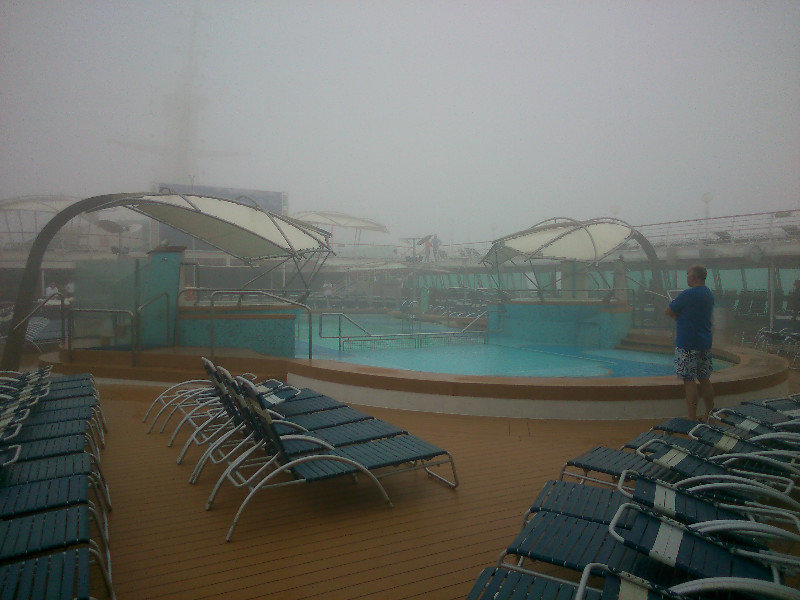Foggy morning on pool deck