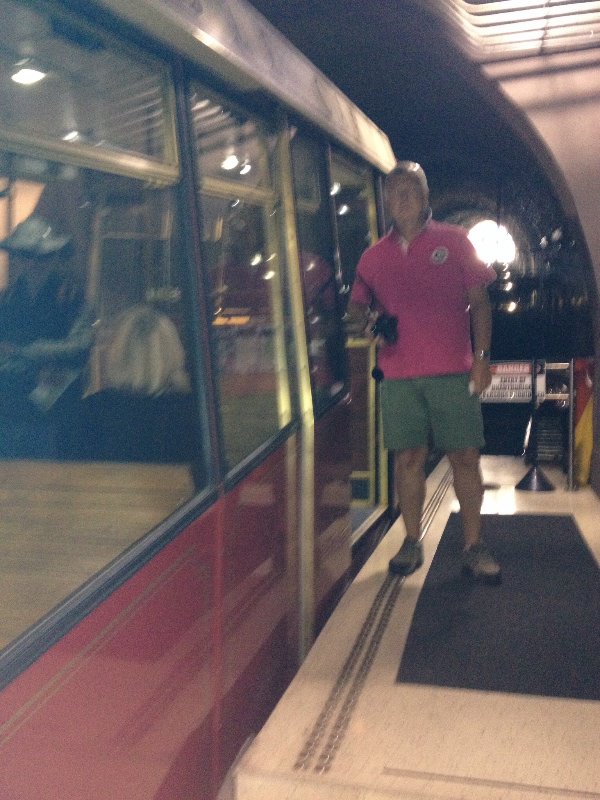 Ian boarding the tram