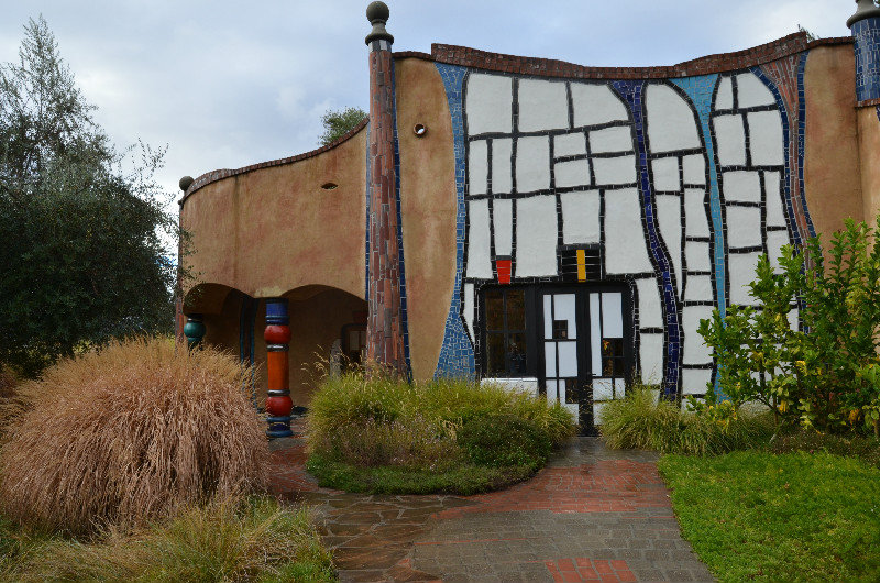 A view of the Quixote Winery- building by Hundertwasser