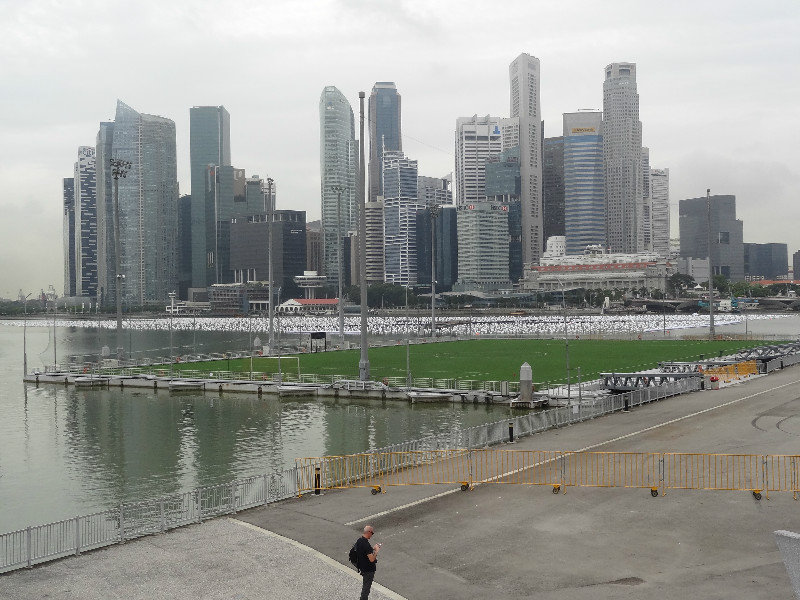 View of business district, floating soccer field in fore ground