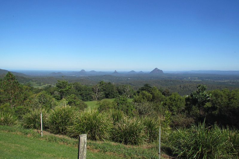 Blue skies over the Glasshouse Mountains on our first day in Australia