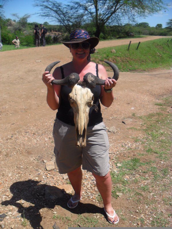 holding a wildebeest head