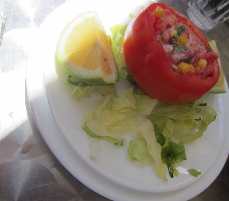 Starter - tomato filled with sweetcorn and delicious fillings