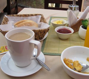 my daily breakfast in the hostel which I eat on the terrace -