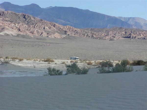 Dunes, our motorhome & Mountains
