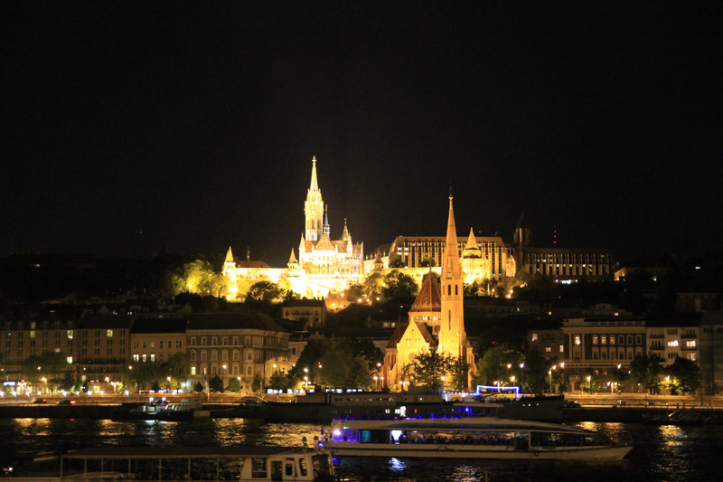 Two churches in Buda lit up at night