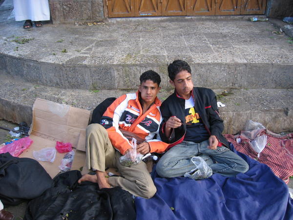 Two young men chewing Khat 