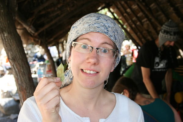 Emma with a coca leaf