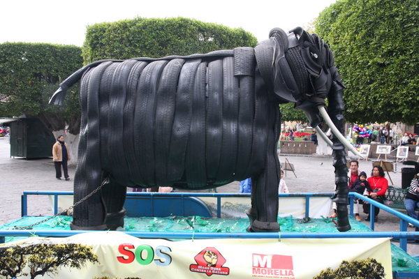 An elephant made from tires