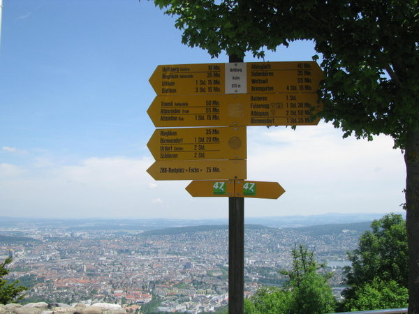 Wanderveg signes at the top of Zurich