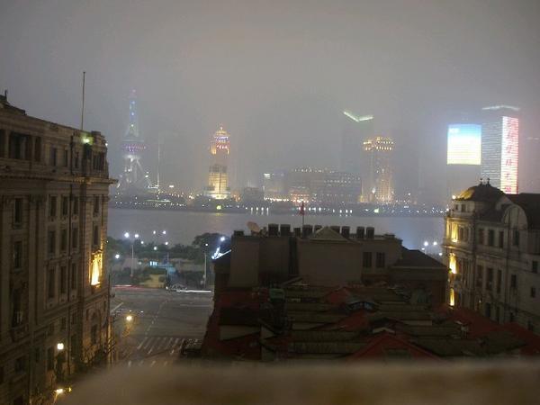 The foggy view of Pudong from the Captain's Hostel bar