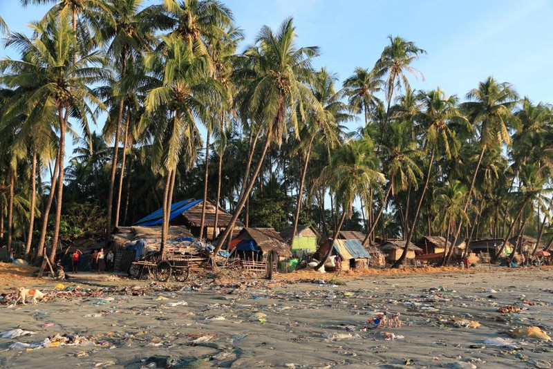 Rubbish piled up on the fishing village beach at Ngapali