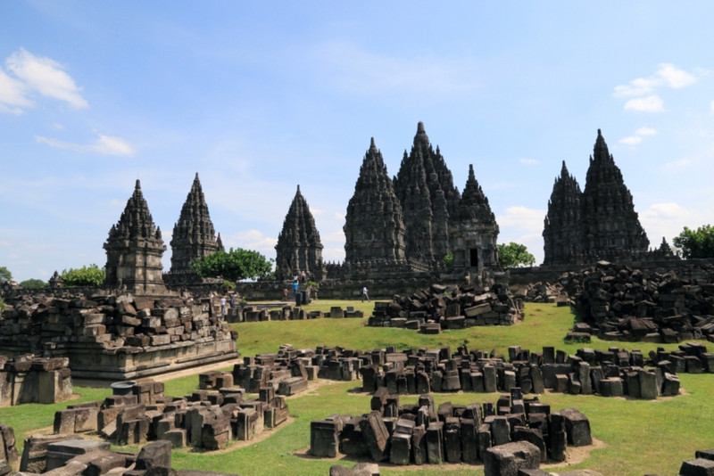 Prambanan, collapsed shrines in the foreground