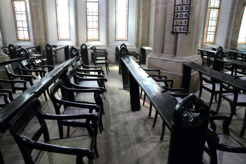 Notches for rifles in the pews of the Afghan Church, Mumbai