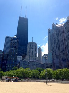 Chilling on beach looking onto Hancock Tower and The Drake Hotel