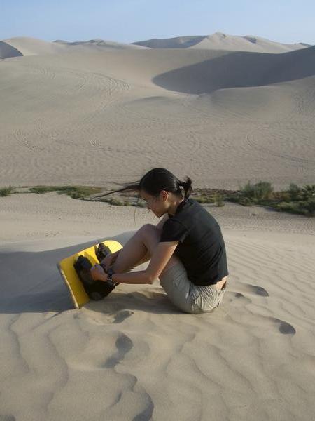 Ana preparing to sandboard
