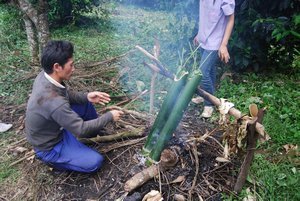 our lunch cooking on the fire in bamboo canes