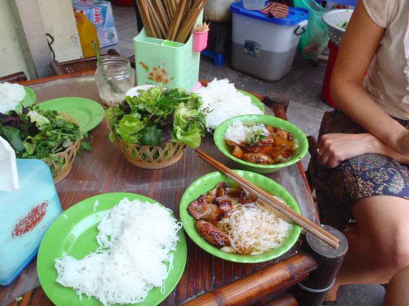 Famous Bun Cha in Hanoi (BBQ'd pork with noodles and fresh herbs)