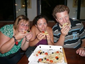 Bex, Vanessa & Paul with pizza