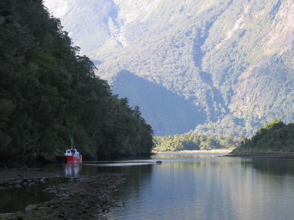 the boat that took us from the end of the track to Milford Sound