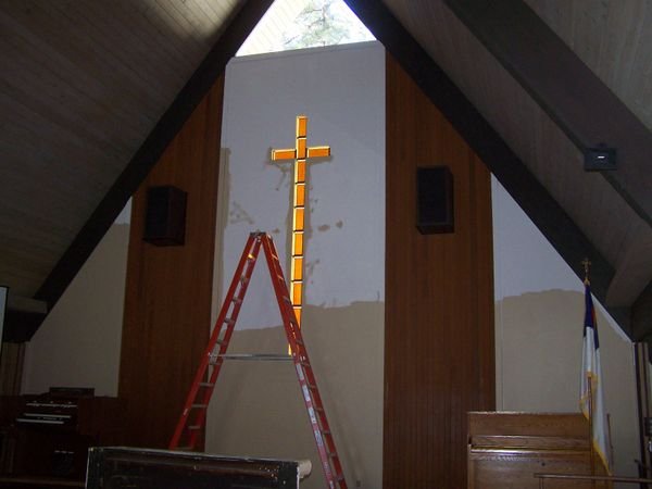 The front wall of the chapel. 