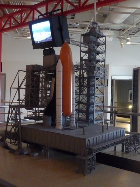 A model of the shuttle in launch position.