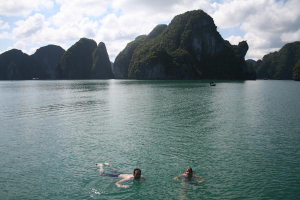 Philippe and me swimming in Halong Bay