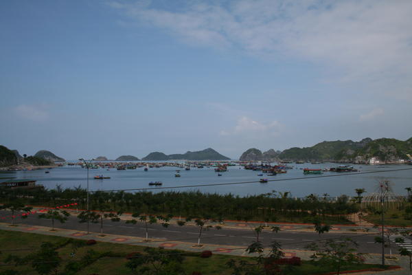 View of Halong Bay port from posh hotel restaurant