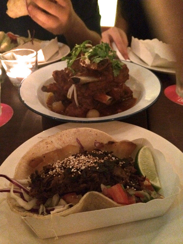 Delicious fall-off-the-bone spicy braised ribs and a beef and pineapple taco