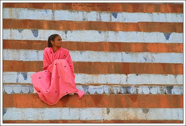 woman on temple steps