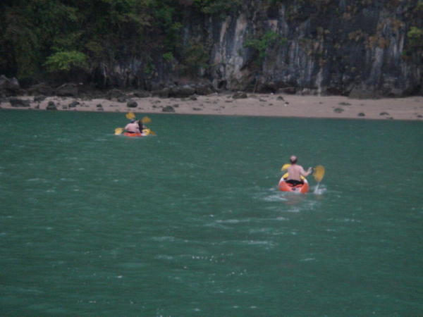 The kids kayak ashore