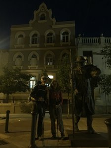 Leaving Albergue in the Dark with Pilgrim Statue